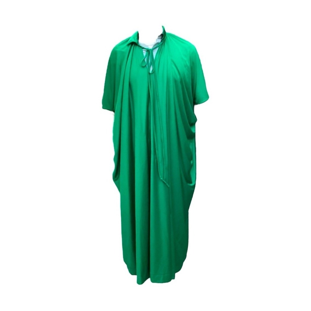 Halston IV Womens Kelly Green Tie Neck Kaftan Maxi Dress Short Sleeve Pockets - Picture 6 of 6